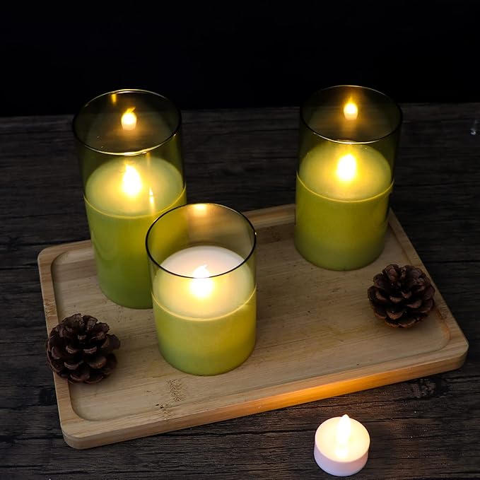 GenSwin Green Glass Battery Operated Flameless Led Candles with 10-Key Remote and Timer, Real Wax Candles Warm White Flickering Light for Home Decoration(Set of 3)