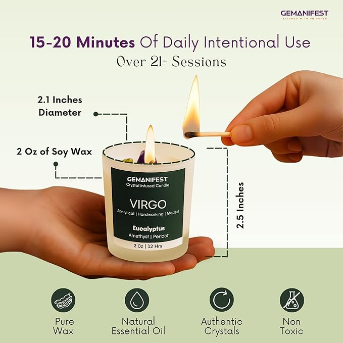 Virgo Crystal Candle with Zodiac Bracelet Virgo Gifts for Men Women Eucalyptus Soy Candles for Home Scented Birthday Astrology Gifts for Candle Lovers Spiritual People