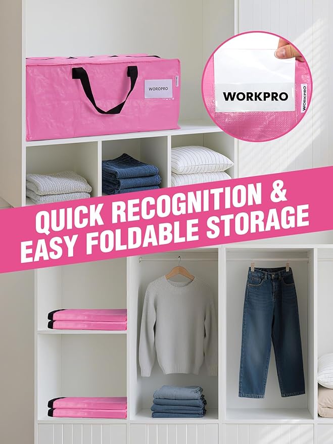 WORKPRO 1 Pack Extra Large Moving Bags with Zippers & Carrying Handles Backpack Straps, Heavy-Duty Storage Tote for Space Saving Moving Storage (Pink)