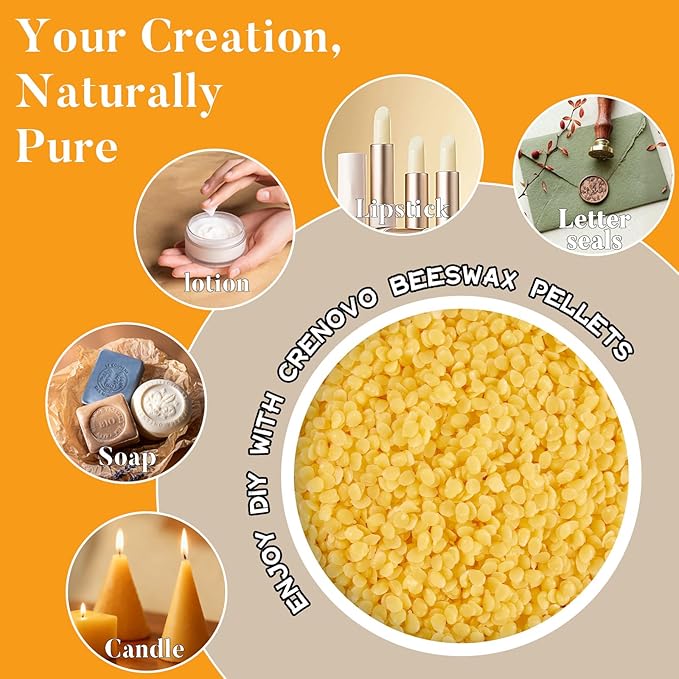 Crenovo Yellow Beeswax Pellets 0.44 LB, 100% Pure Natural Triple Filtered Beeswax for Candle Making, DIY Lip Balm and Skin Care, Cosmetic Grade Beeswax for Lotion, Soap, Body and Hair Care DIY Creams