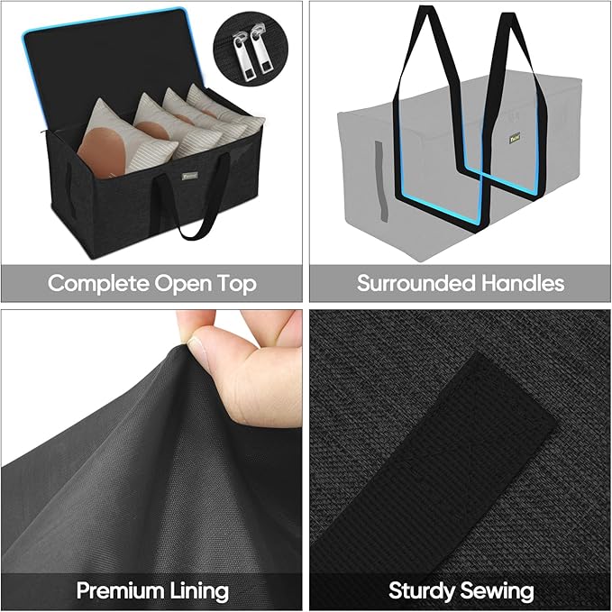 BALEINE Extra Large Storage Tote with Zippers & Carrying Handles, Heavy-Duty Oxford Fabric Moving Bags for Laundry, Space Saving, Storage, 2-Pack, Charcoal Black