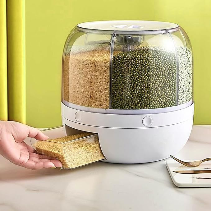 Cereal Dispenser Countertop Rotatable - Grain Containers Tank Dispenser with 6 Compartments - Ideal for Kitchen Storage of Lentils, Rice, Beans and Other Dry Food