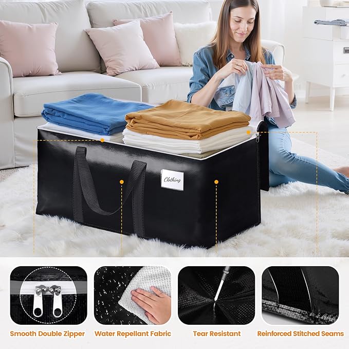 StoreHappily Heavy-Duty & Extra Capacity Moving Bags with Backpack Straps, Storage Totes with Double Zipper & Strong Handles, Packing Bags Alternative to Moving Boxes, Moving Supplies (4 Pack, Black)