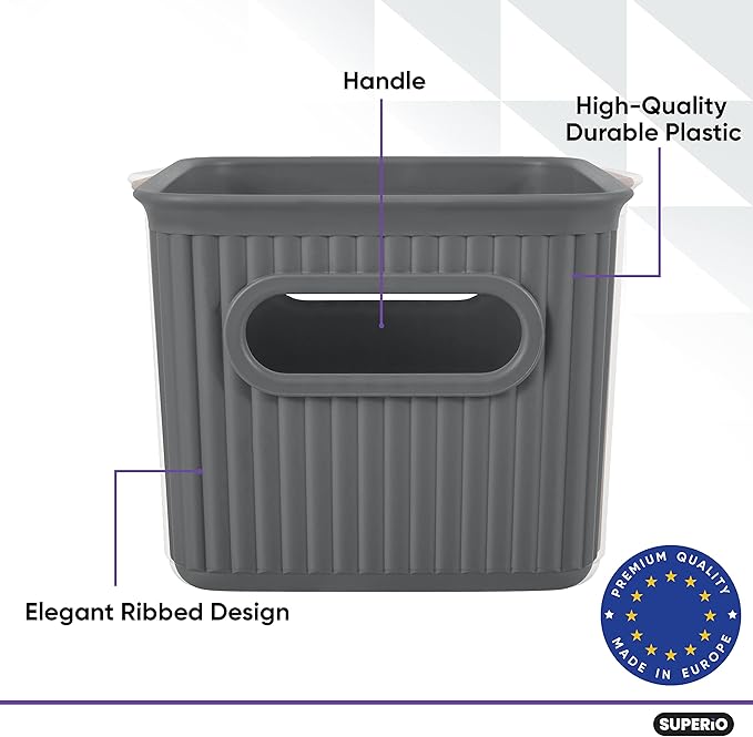 Superio Ribbed Collection - Decorative Plastic Basket Open Home Storage Bins Organizer, Small Grey (1 Pack) Container Boxes for Organizing Closet Storage Bins for Shelves Drawer Shelf 1.5 Liter