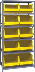 Quantum Storage Systems QSBU-270YL Giant Open Hopper Steel Shelving System, 18" D x 36" W x 75" H, with 6 Shelves and 10 QUS270 Bins, Yellow