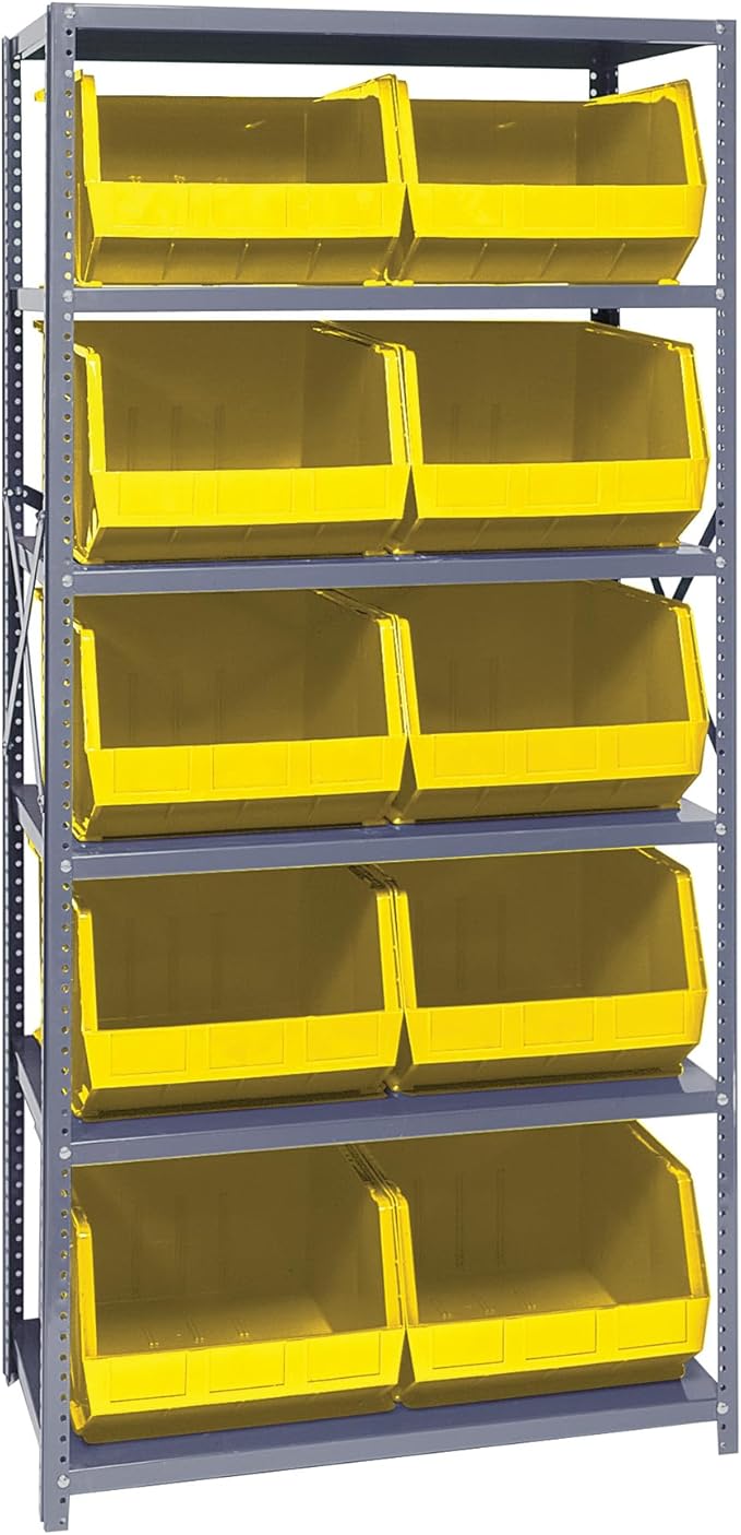 Quantum Storage Systems QSBU-270YL Giant Open Hopper Steel Shelving System, 18" D x 36" W x 75" H, with 6 Shelves and 10 QUS270 Bins, Yellow