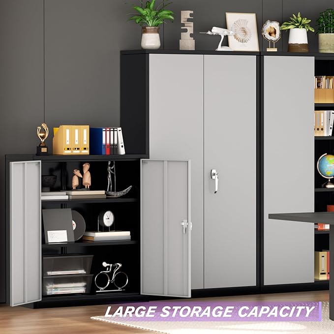 Superday 36" Metal Storage Cabinet, Garage Storage Cabinet with Locking Doors and Adjustable Shelves, Steel Lockable Cabinets, Tool Cabinets for Home Office, Garage, School（Black Grey）