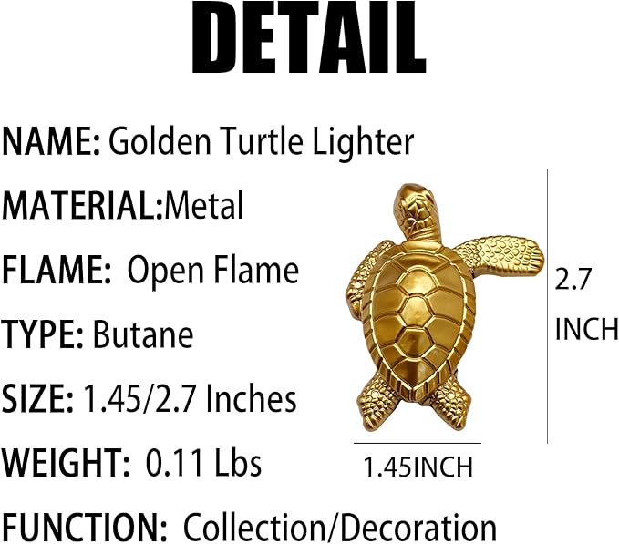 WEQTETJU Vintage Metal Butane Gold Turtle Lighter, Portable Cool Soft Flame Lighters, Refillable Novelty Vintage Lighters for Men Fireplace Candle Camping BBQ (Without Gas)