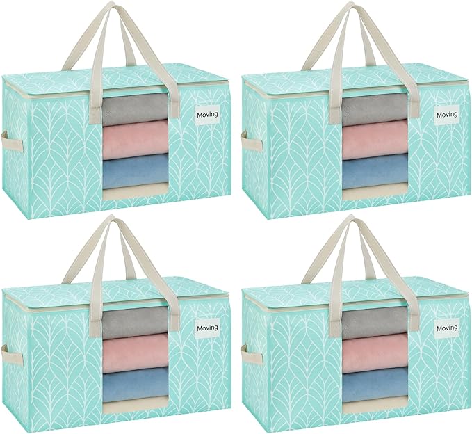 VENO 4 Pack Heavy Duty Moving Bags, Clothes and Comforter Storage Bags with Clear Window, College Dorm Essentials Packing Supplies, Foldable Boxes Alternative (Evergreen, 4 Pack)