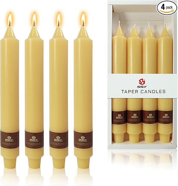 Beeswax Taper Candles 9 inch - 4 Pack Fat Candle Taper Candles Dripless, Smokeless, Unscented Tall Candlesticks - Perfect for Home Decor, Weddings, and Special Occasions
