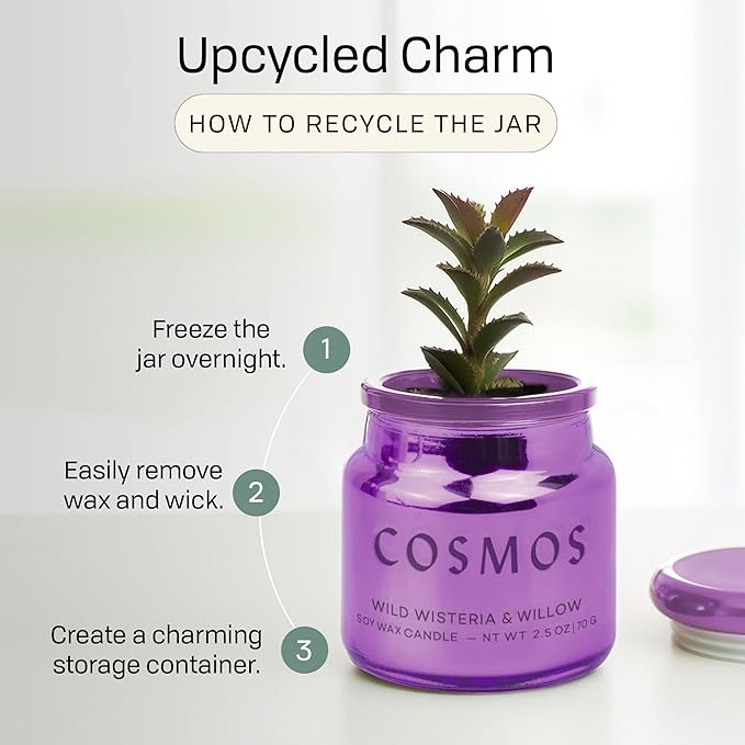 Paddywax Chroma Scented Candle with Lid in Reusable Metallic Etched Glass Jar, Clean- Burn Soy Candle with Approx. 14 Hour Burn Time, Violet – Cosmos, Wild Wisteria & Willow, 2.5 oz