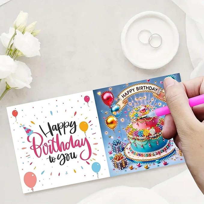 DoxQcs 5D Diamond Art Painting Greeting Cards Kit, DIY Cards for Blessings Congratulations Gifts, Greeting Card Set for Birthday Thanksgiving Day Christmas Halloween-Birthday Cake-1