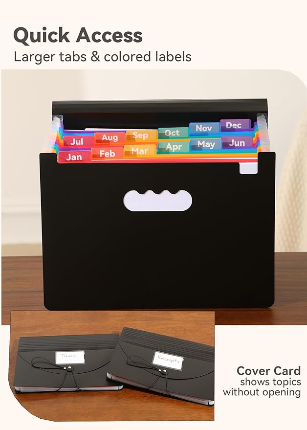 SortRax Accordion File Organizer 12 Pockets, Monthly Bill Receipt Tax Organizer, Expanding File Folders with Larger Bright Tabs, Fits Letter/A4 Size - Black