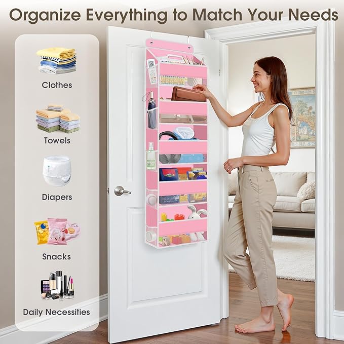 SpaceHacks 5-Tier Over The Door Organizer Hanging Storage Organizers with Clear Window 40lb Large Capacity Room Organizer for Pantry Bathroom Nursery Closet(Pink)
