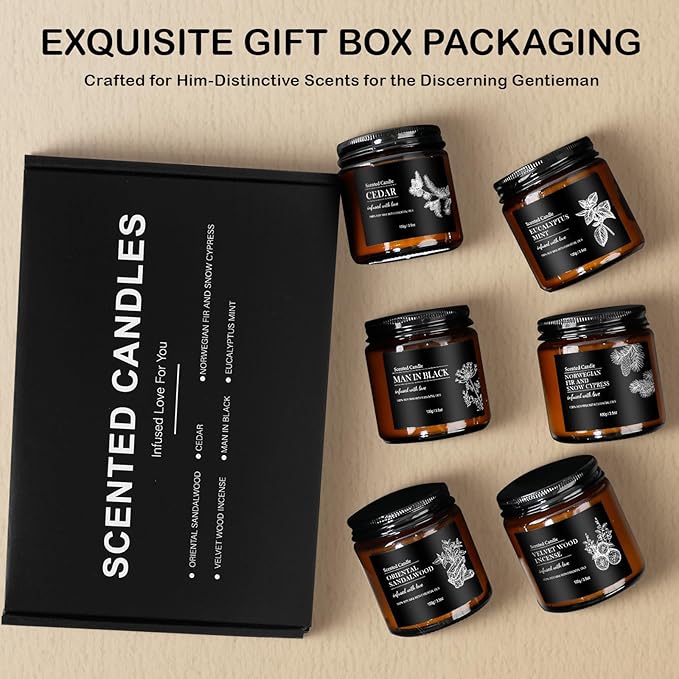 Scented Candles for Men | 6 Pack Candles for Home Scented, 150 Hour Burn Time Aromatherapy Christmas Candles Gifts for Men Birthday|Sandalwood Cedar |