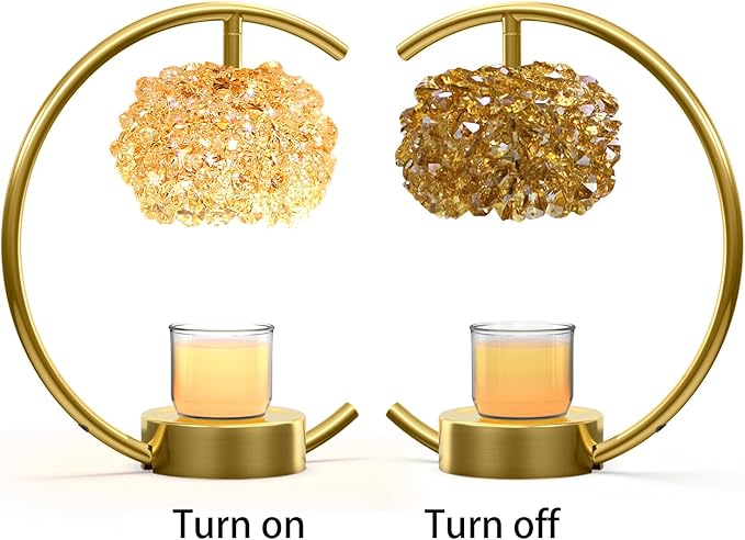 Yeuslor Bronze Candle Warmer Lamp for Jar Candles with Adjustable Brightness＆Timer，Handcrafted Crystal＆Wooden Base,Candle Lamp Luxurious Design+2Bulbs,Home Decoration Electric Candle lamp(C-Shaped)