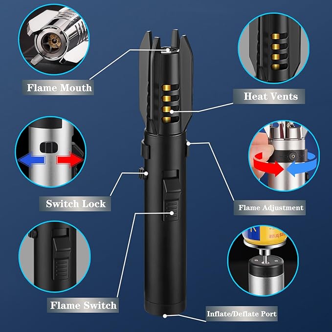 Large Torch Lighter, Windproof Butane Lighters with Flame Adjustable, Refillable, Jet Flame, Flame Switch Lock, Cool Lighter for Men.(Gas Not Include)