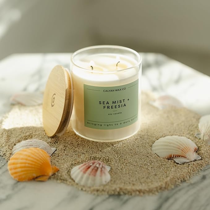 Calyan Wax Co. Sea Mist & Freesia 2 Wick Scented Candle - 37 Hour Burn - Luxury Non Toxic Soy Wax Candles - Long Lasting Large Glass Jar Candle for Home - 8.8oz