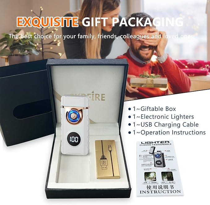 SKRFIRE Plasma Rechargeable Electric Lighter for Candle Arc Type C Electronic Torch Windproof Portable Metal Lighter with LED Power Display for Camping, Hiking, BBQ (Luminous White)
