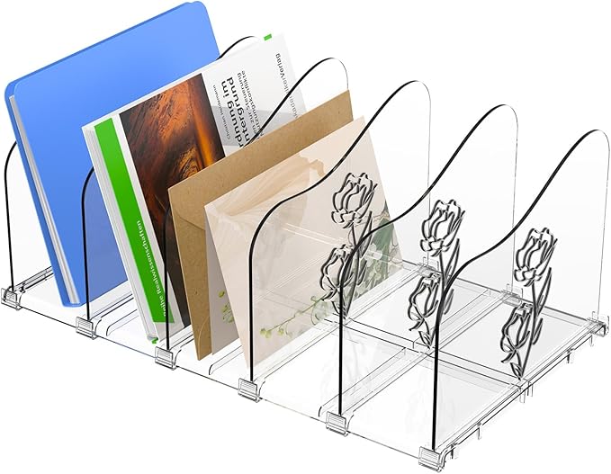 Adjustable Rose File Organizer for Desk, Vertical File Folder Holders for Magazines, Upright Desktop Binder Organizer, Clear Paper Bookshelf Divider File Sorter for School Office Supplies