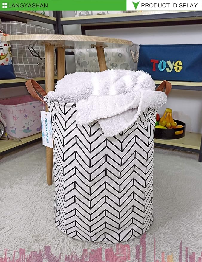 LANGYASHAN Laundry Basket Canvas Fabric Collapsible Organizer Basket for Storage Bin Toy Bins Gift Baskets Bedroom Clothes Children Nursery Hamper (Geometric)