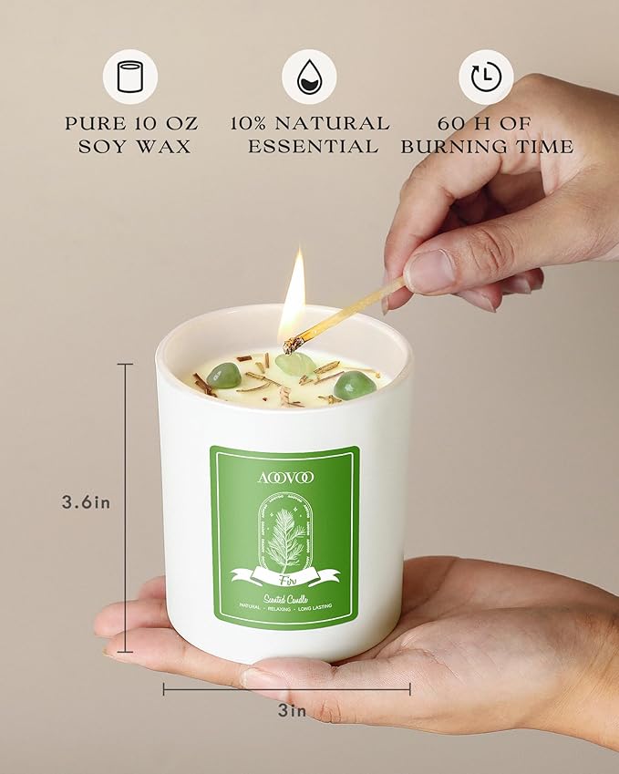 AOOVOO Fir Scented Candles for Women - Aromatherapy Candle with Crystals Inside, 10oz Soy Candles for Home Scented, Birthday Gifts Valentines Day Candle for Women Mom