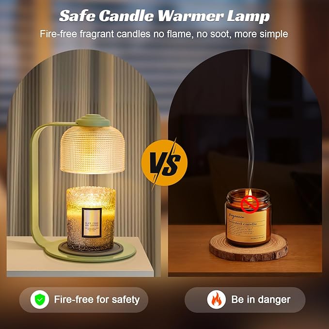 Candle Warmer Lamp with Clear Glass Globe and Timer & Dimmable Light - Jar Candle Melter Green Minimalist Metal Frame, Home Decor Gift Set (Includes 2 Bulbs)