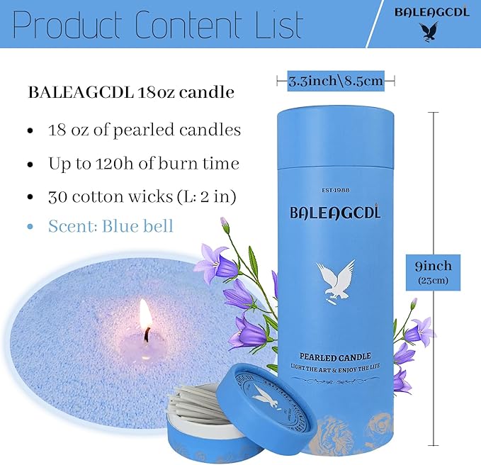Azure Whisper Pearled Candle – 18 Oz Blue Bell Scented Sand Candles with 30 Wicks | Refillable Blue Wax Long-Lasting Powder 120 Hours Clean Burning for DIY