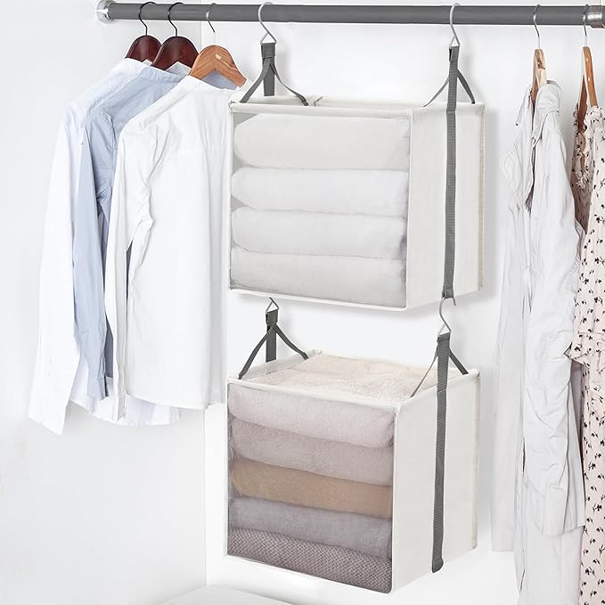 STORAGE MANIAC 2-Shelf Hanging Closet Organizer, Cloth Hanging Closet Shelf, Hanging Closets Baskets with Hooks for Dorm, Apt, Bedroom, College, Garment Rack, Wardrobe, Fabric with Mesh, Ivory