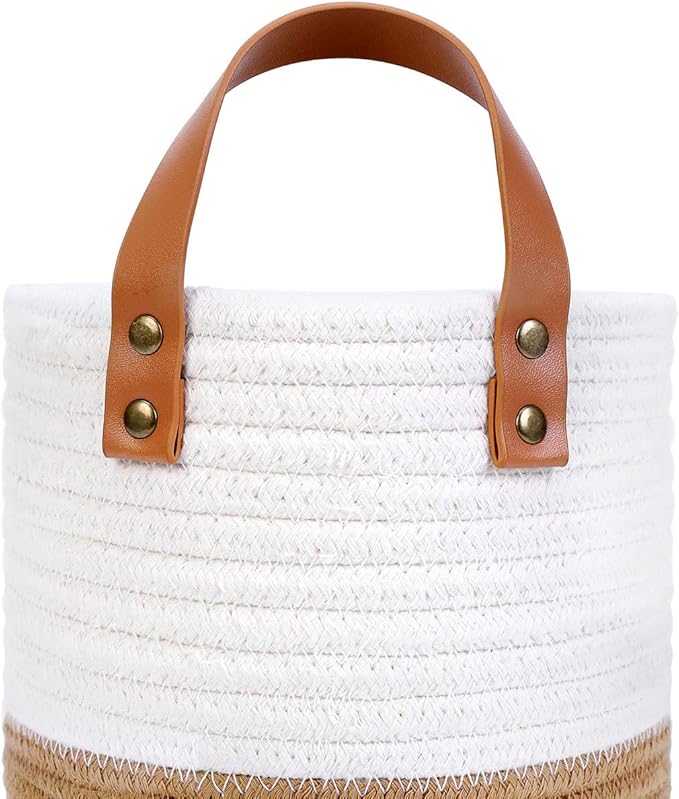 Hanging Basket - Wall Hanging Baskets for Organizing - Hanging Storage Woven Wall Basket - Small Wicker Wall Baskets for Wall Decor - Hanging Planter Baskets 6.3" x 7" (White and Brown)