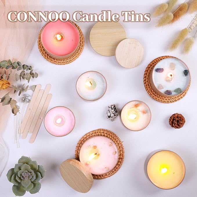 CONNOO 24 Pack Candle Tins, 12pcs 8 OZ & 12pcs 4 OZ Champagne Gold Jars with Metal Wood-Grain Lids for Making Candles, Bulk Empty Containers for Candle Making, Wick Kit Included