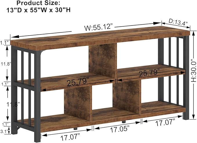 IBF 55” Bookshelf, 3 Tier Open Book Shelf, Wood Metal 5 Cube Storage Organizer, Modern Low Horizontal Bookshelf for Bedroom Living, Long Wide Office Cubby Bookcase with Storage, Rustic Brown, 55 in