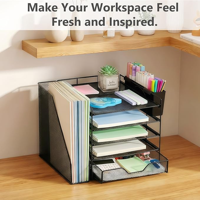 Desk Organizer, 5-Tier Paper Letter Tray Organizer with File Holder, Drawer and Pen Holder, Desktop Organizer for Office Supplies, Black