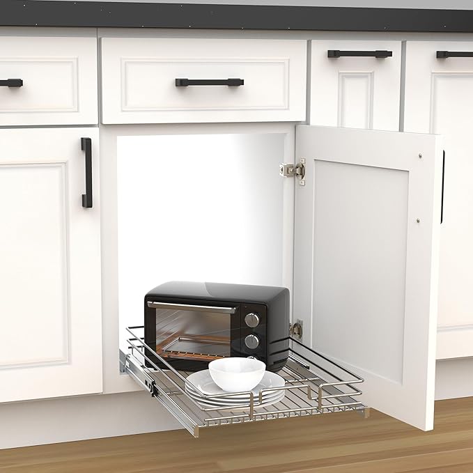 Pull Out Cabinet Organizer, Heavy-Duty Metal Sliding Drawer Shelf for Kitchen Cabinets, Chrome, Doesn't Include Door Fittings (14 * 21 IN)