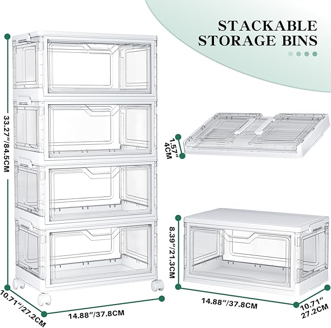 Clear Storage Bins with Lids - 4 Tier Plastic Bins with Wheels, Stackable Storage Bin, Closet Organizers Box for Bedroom, Living Room, 23 QT Folding Box with Magnetic door