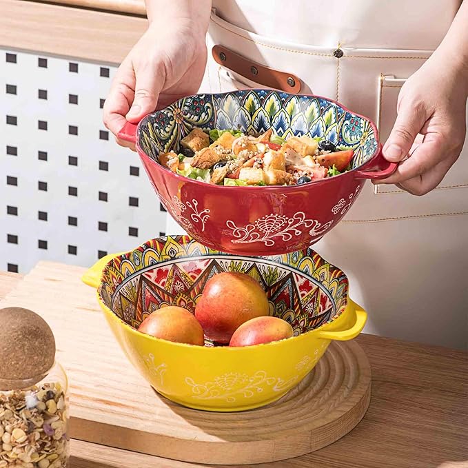 Henten Home Bohemia Large Bowls with Handle, 49 oz Ceramic Soup Bowl Set of 2, Porcelain Pho Bowl, Floral Noodle Bowls Set for Kitchen, Ramen, Udon, Microwave & Dishwasher Safe