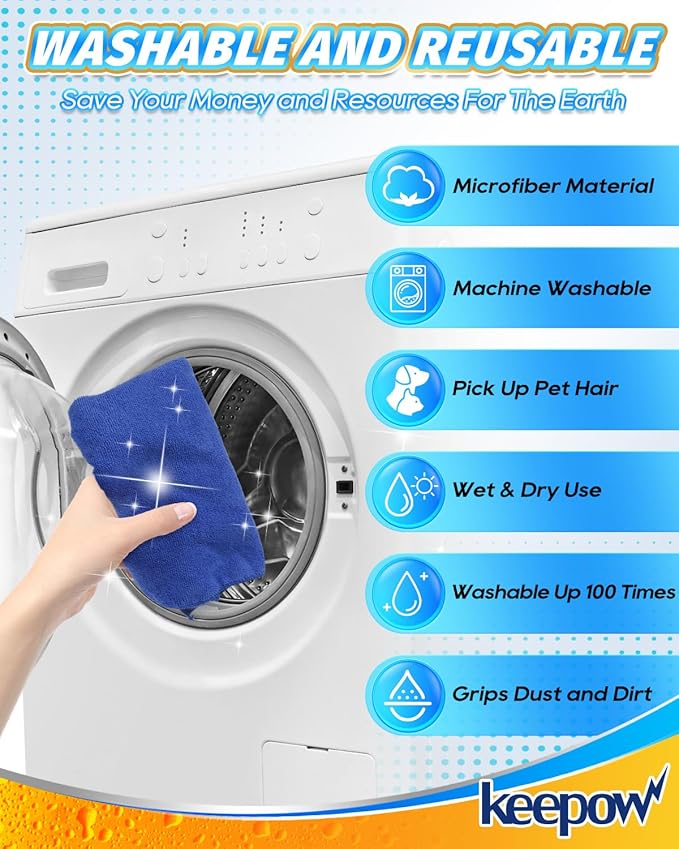 KEEPOW 10PCS Microfiber Cleaning Cloths Extra Large 30" x 20", Multi-Purpose Color Rags, Washable Reusable Streak Free Lint Free Towels for Floor Mop (White & Blue & Green & Black & Grey)