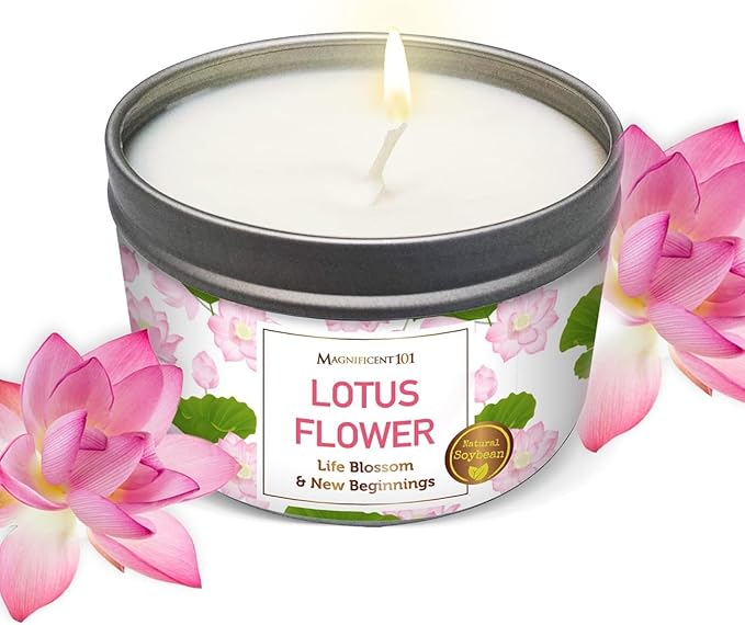 Magnificent 101 Long Lasting Lotus Flower Aromatherapy Candle - 6 Oz - 35 Hour Burn Time - ‎Sage & Bergamot Scented Soy Wax Smudge Candle for New Beginnings, Purification & Manifestation