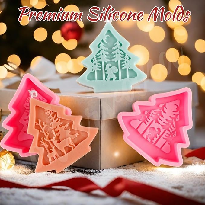 6pcs Christmas Tree Shaped Silicone Mold Set, Atarvana Relief Style Christmas Molds with 10pcs Candle Wick for Soap Candle Making -Christmas Trees, Santa Claus, Reindeer, Snowman