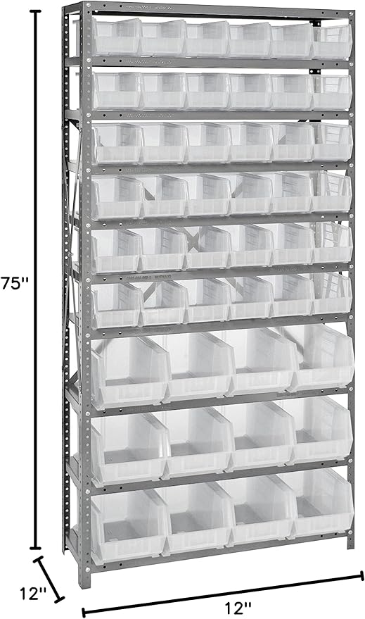 Quantum Storage Systems QSBU-230240CL Giant Open Hopper Steel Shelving System, 12" D x 36" W x 75" H, with 10 Shelves and 36 QUS230 and 12 QUS240 Bins, Clear