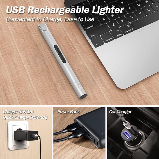 Candle Lighter, Electric USB Rechargeable, Arc Plasma Electronic Windproof Flameless Long Lighter with Safety Switch Hook for Kitchen, Silver and Black