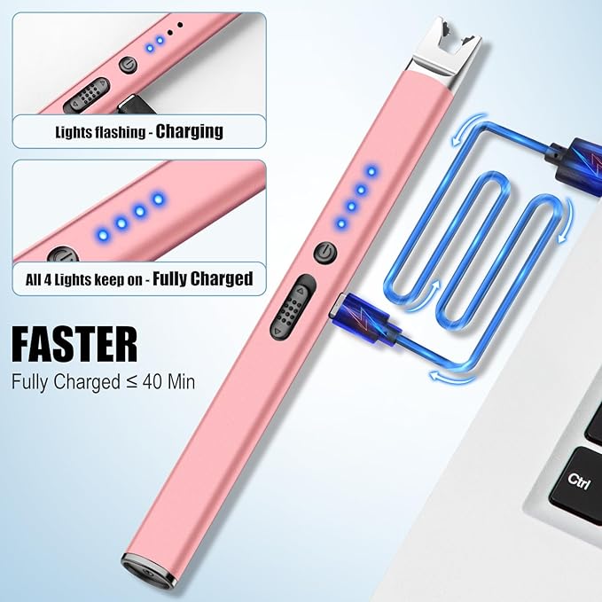 LcFun 2 Pack Candle Lighter Electric USB Rechargeable Plasma Arc Lighter with Safety Lock, Windproof Flameless Long Matches for Candle, Grill, BBQ, Camping, Gas Stoves (Gold,Pink)