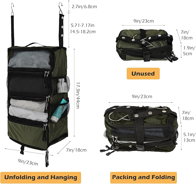 TABITORA Travel Luggage Organizer Hanging Packing Cubes Portable Hanging Shelves Carry on Closet for Suitcase with 2 Hooks,Collapsible(Darkgreen,S)
