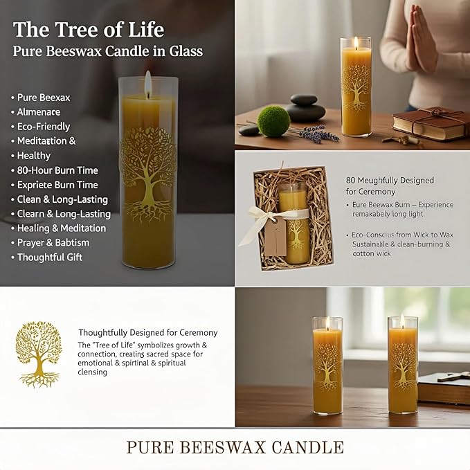 The Tree of Life Pure Beeswax Candles, Single Glass Pack - 80-Hour Burn Time, Clean Burning Long-Lasting Eco-Friendly Candle for Meditation, Prayer & Gift Giving
