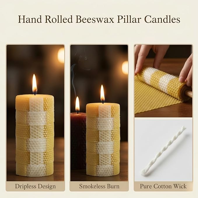 Hand Rolled Beeswax Pillar Candles 2 Packs, Non Toxic Beeswax Candles-70 Hours Long Burning, Organic Emergency Bees Wax Candles for Home, Paryer, Parties, Unscented Dripless Smokeless Candles, 2x4in