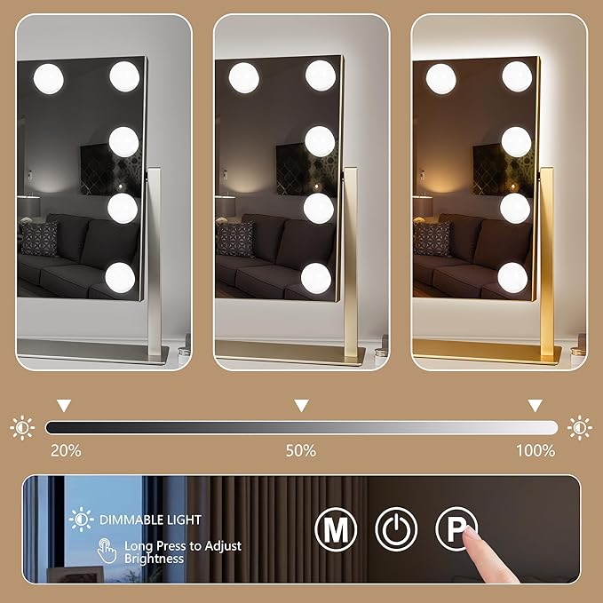 Ratsamee Gold Hollywood Vanity Mirror with Lights, 9 Dimmable Bulbs, 3 Color Lights,Make Up Lighted Mirror, 10x Magnification 360°Rotation(12" x 14")