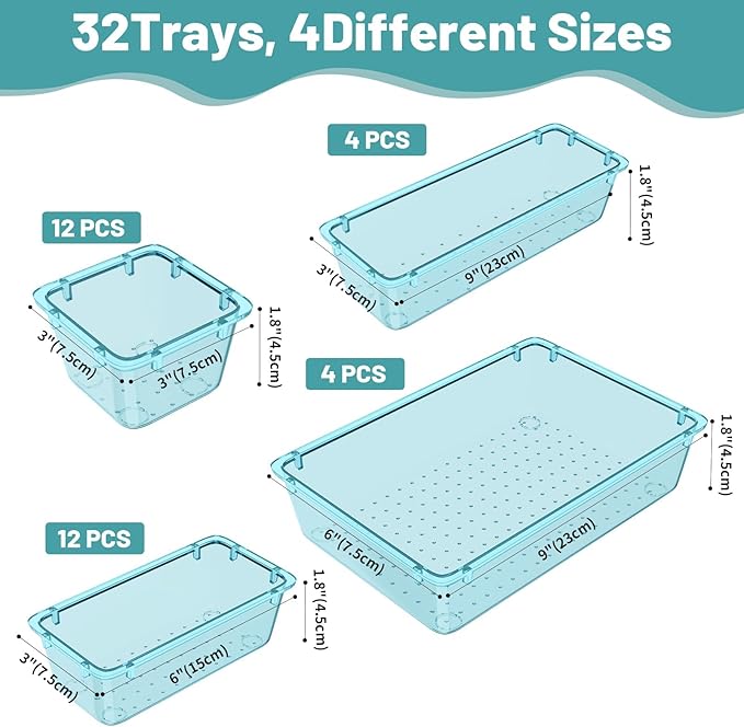 WOWBOX 32 PCS Plastic Drawer Organizer Set, 4 Sizes Desk Drawer Organization and Storage Containers for Makeup, Cosmetics, Jewelry and Gadgets in Kitchen, Bathroom, Bedroom, Office, Clear Sea Blue