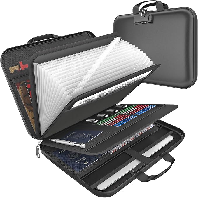 onvvippiv Hard Case Fireproof Document Box, Important File Organizer with Lock Waterproof Zipper, Portable Home Office Travel Storage Accordion Folder for Letter A4 Laptop Files