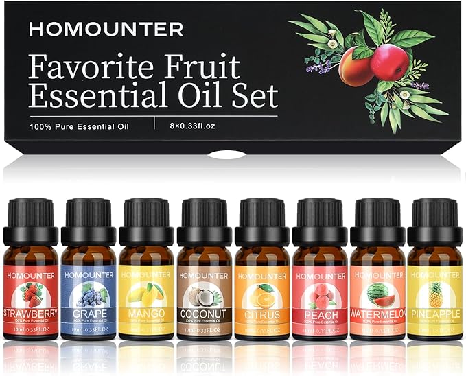 Fruit Essential Oil for Diffusers Natural Fruity Fragrance Oil for Candle & Soap Making - Grape, Citrus and More Diffuser Oils Scents for Home, Summer Aromatherapy Oils Set - 8 Pack, 10ML