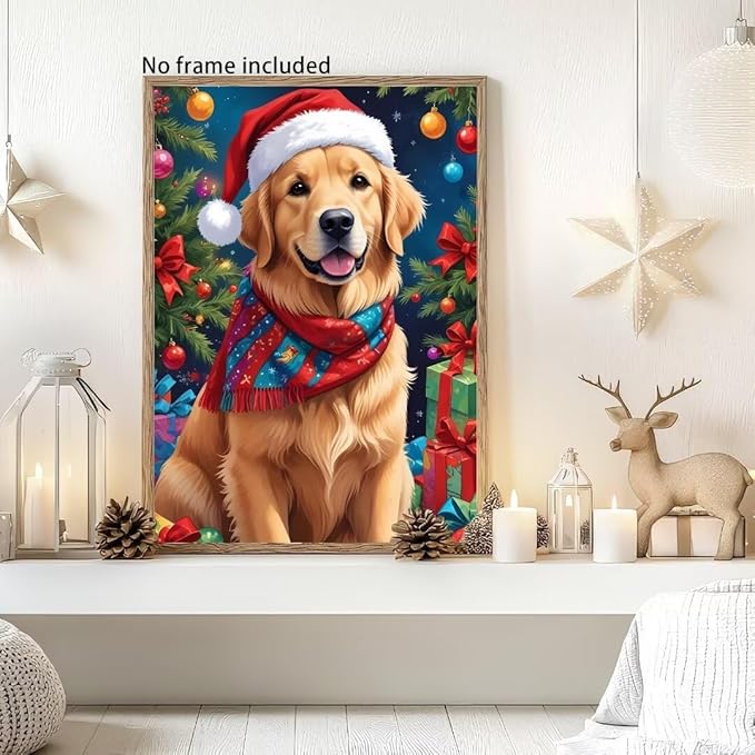 QZOTRXI 5D Dog Santa Hat Diamond Painting Kits for Adults, Full Drill Diamond Art Gift, DIY Christmas Dog Gem Pictures Paint Diamond Art Craft for Home Wall Decor 16x20 Inch